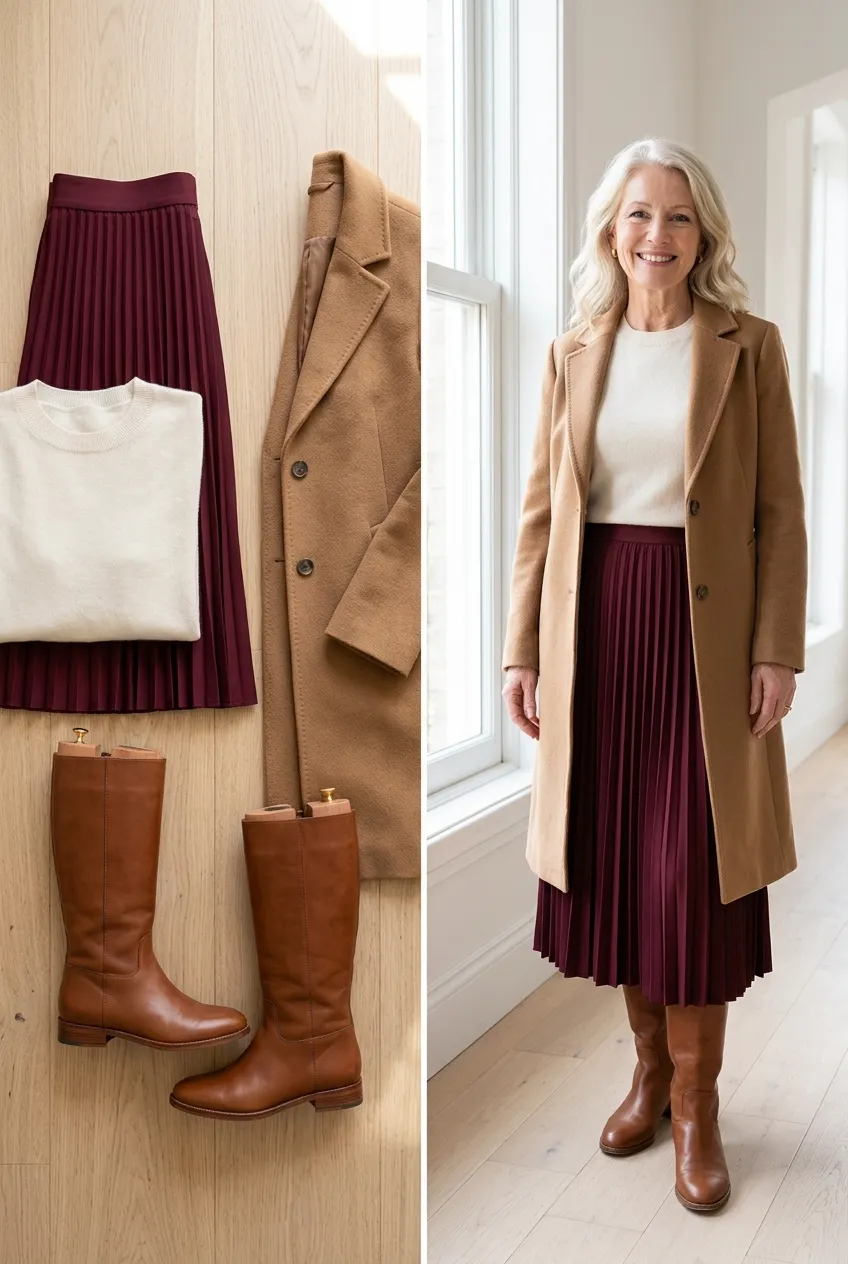Burgundy pleated midi skirt with a cream sweater and camel coat, a burgundy outfit for women over 50