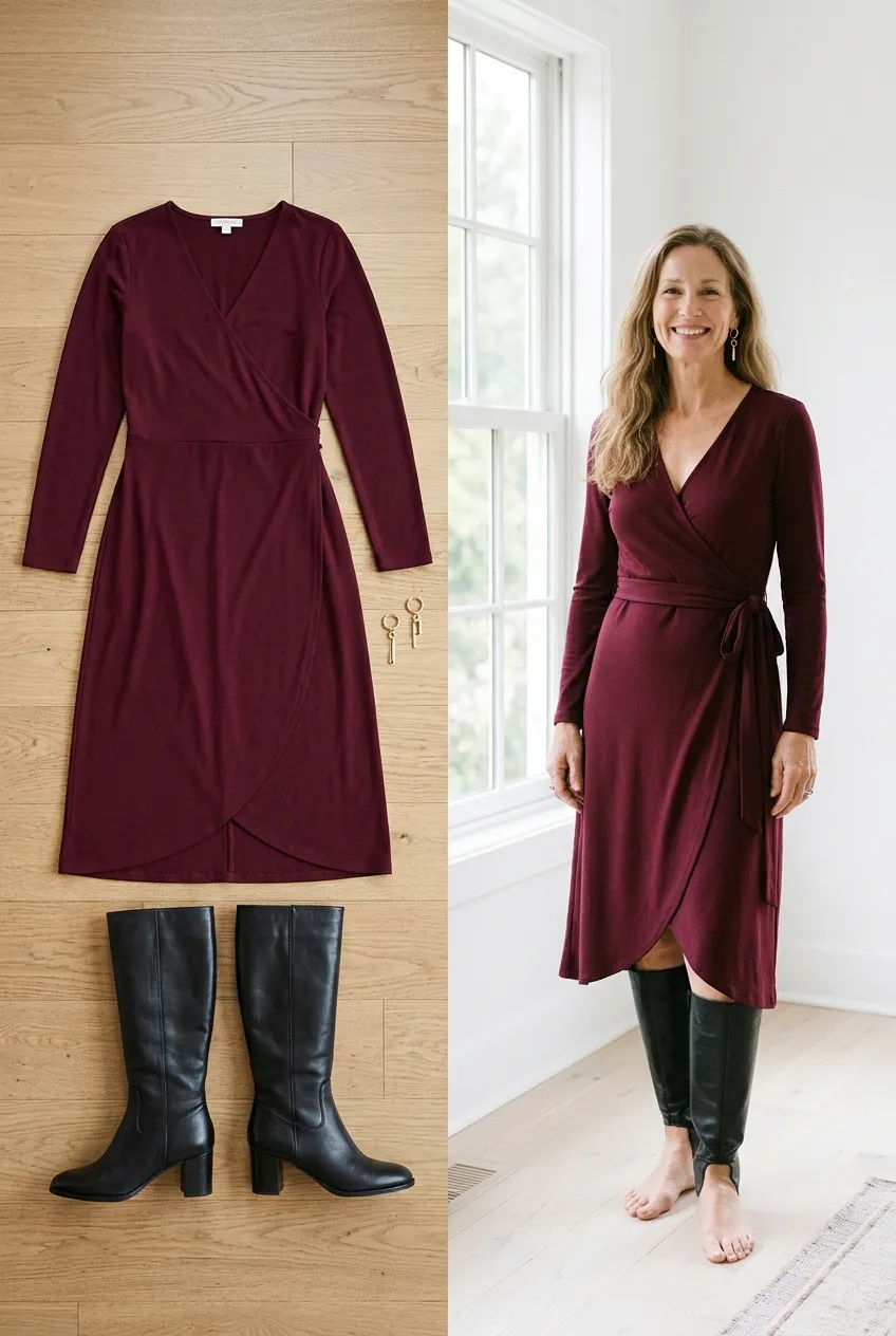 Burgundy jersey wrap dress with black knee boots, a burgundy outfit for women over 50