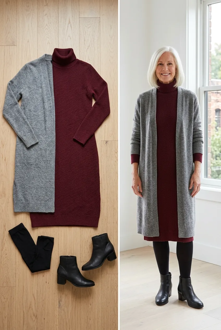 Burgundy sweater dress with a long gray cardigan and boots, a burgundy outfit for women over 50