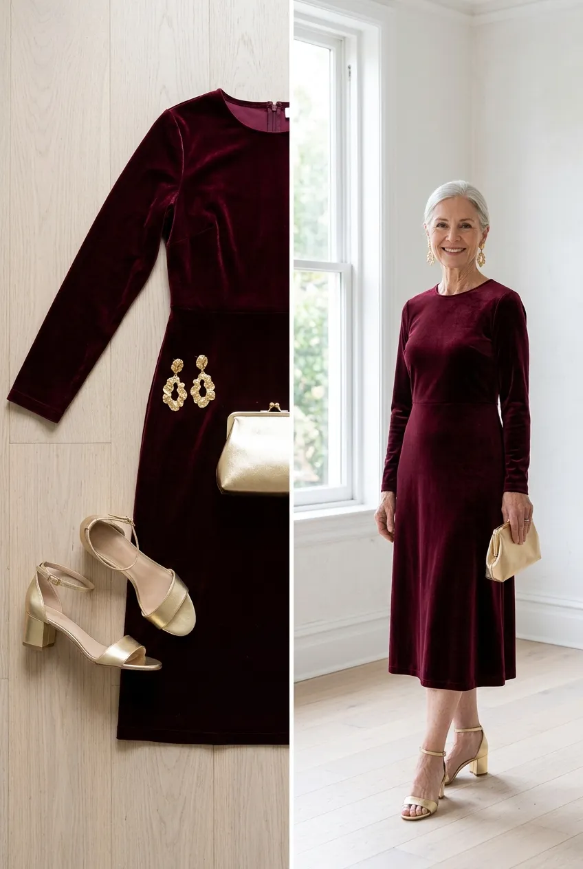 Burgundy velvet midi dress with gold jewelry, an evening burgundy outfit for women over 50
