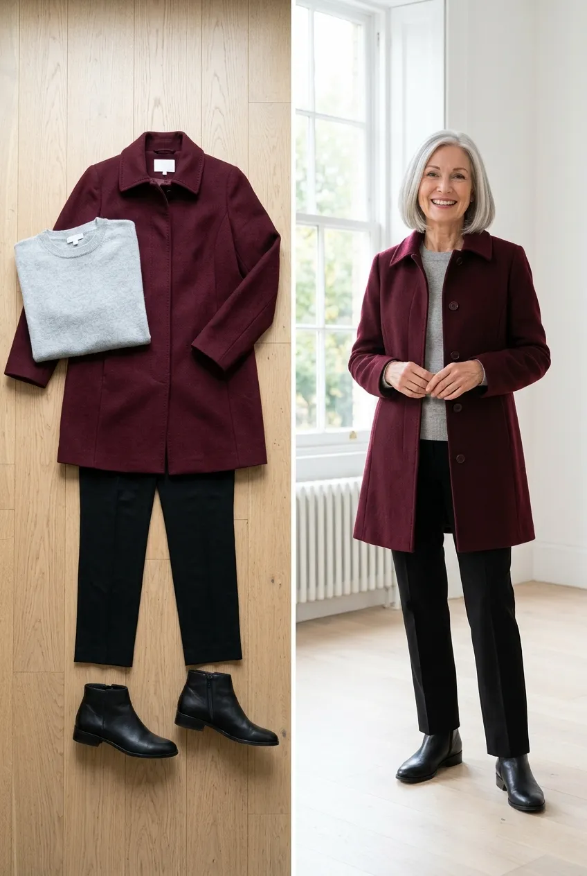 Burgundy wool coat over a gray sweater and black trousers, a burgundy outfit for women over 50