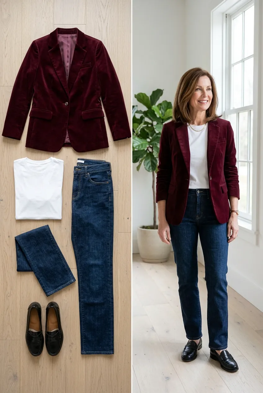 Burgundy velvet blazer with a white tee and jeans, a burgundy outfit for women over 50