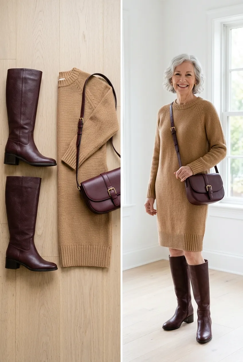 Burgundy knee boots with a camel sweater dress, a burgundy accessory outfit for women over 50