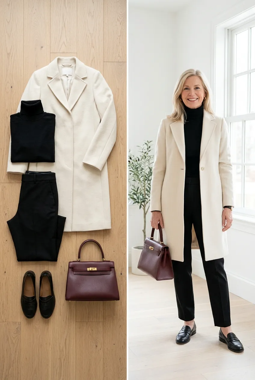 Burgundy leather bag with a cream coat and black trousers, a burgundy accessory outfit for women over 50