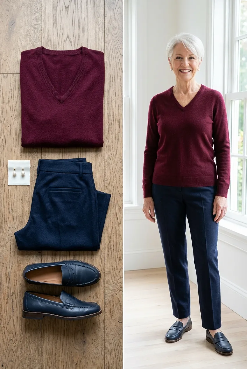 Burgundy sweater with navy trousers, a burgundy and navy outfit for women over 50