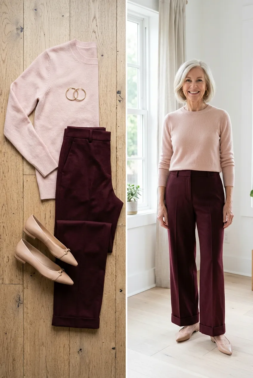 Blush pink sweater with burgundy trousers, a soft burgundy outfit for women over 50