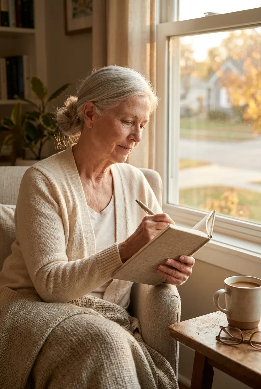 Older woman writing in a gratitude journal by a window at sunset