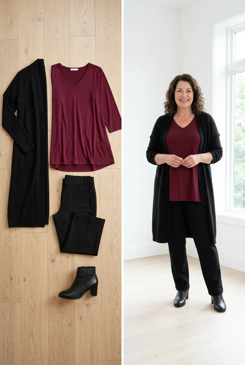 Plus-size woman over 50 in a burgundy V-neck tunic, black ponte trousers and a long cardigan