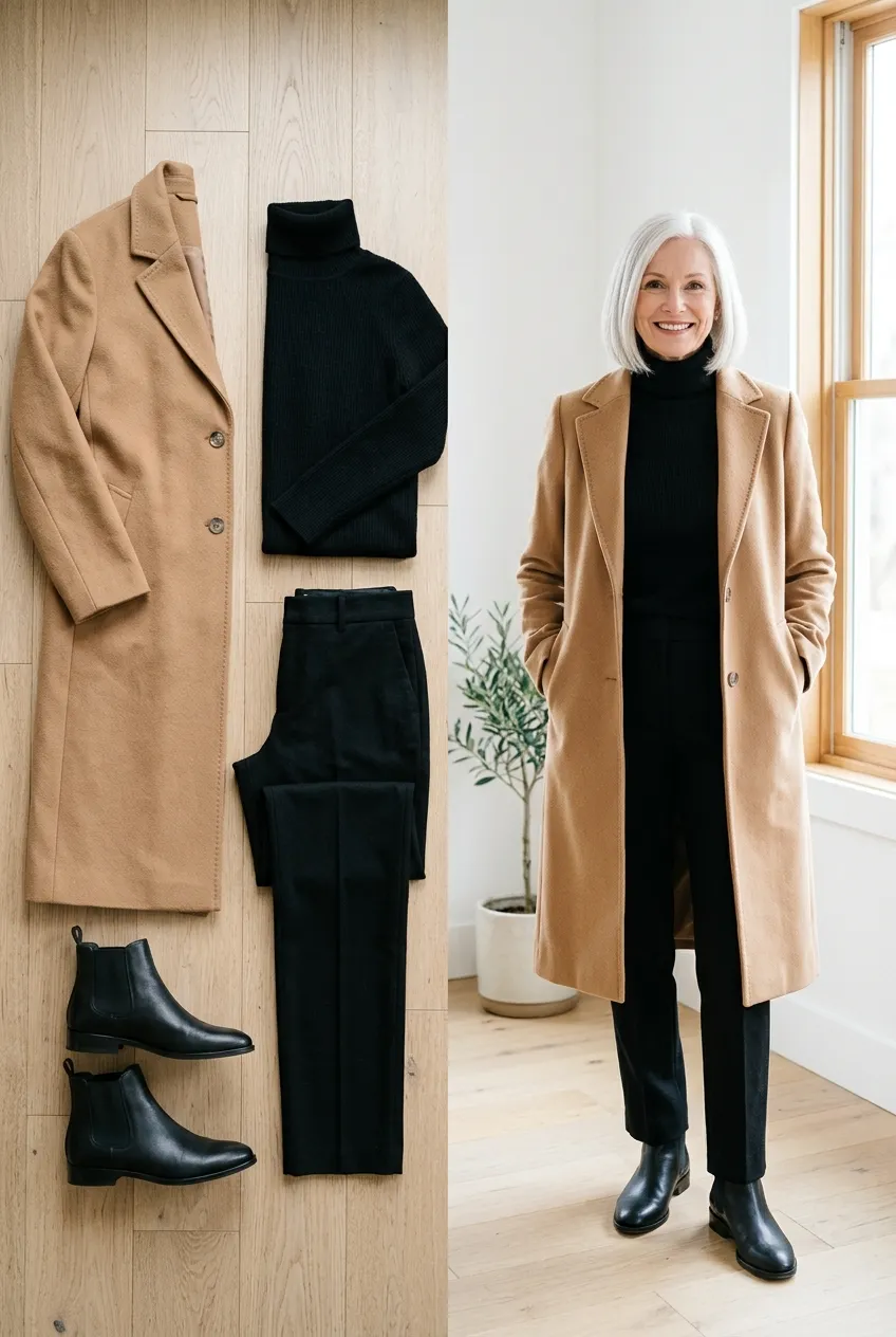 Camel coat over a black turtleneck and black trousers, a camel outfit for women over 50
