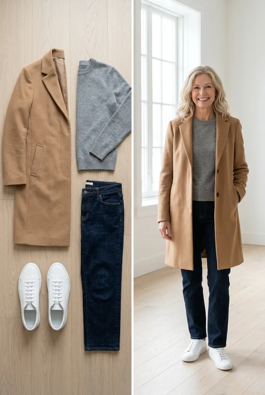Camel coat with a gray sweater and dark jeans, a camel outfit for women over 50