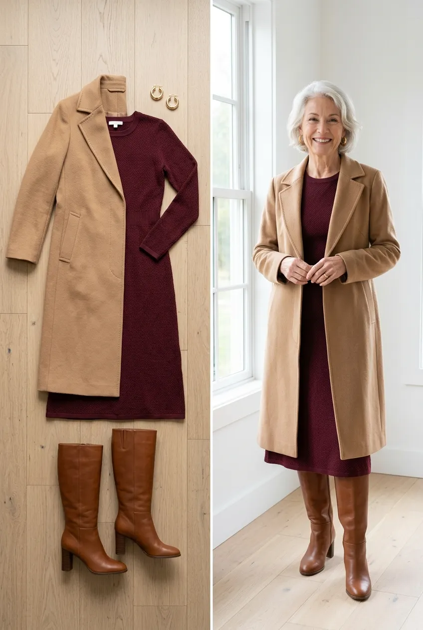 Camel coat over a burgundy knit dress with knee boots, a camel outfit for women over 50