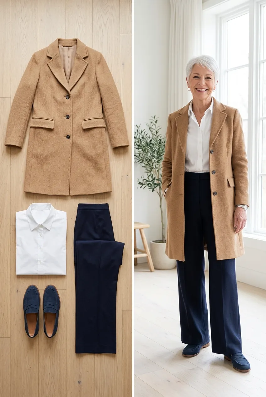 Camel coat with a white shirt and navy trousers, a camel outfit for women over 50