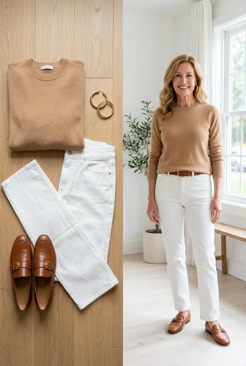 Camel cashmere sweater with winter white jeans and loafers, a camel outfit for women over 50