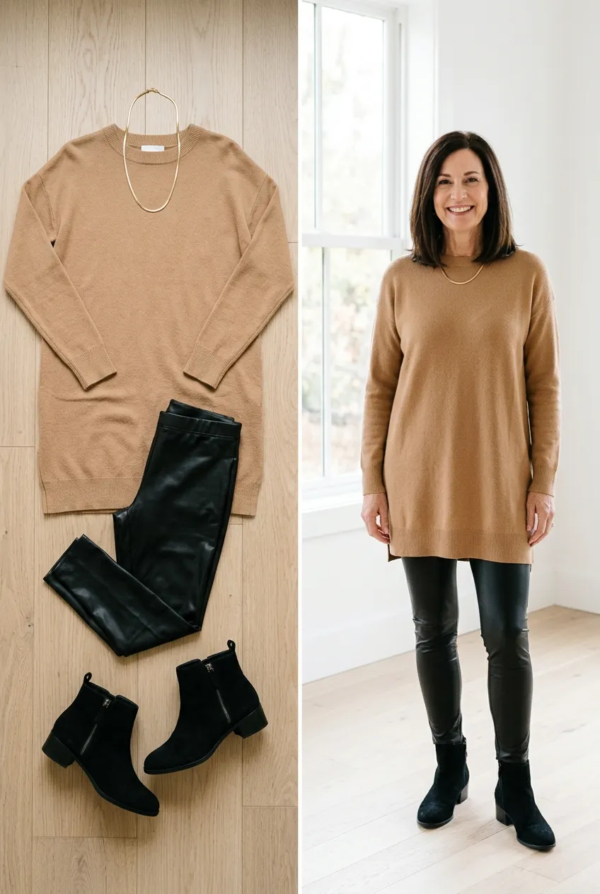 Long camel sweater with black faux leather leggings and ankle boots, a camel outfit for women over 50