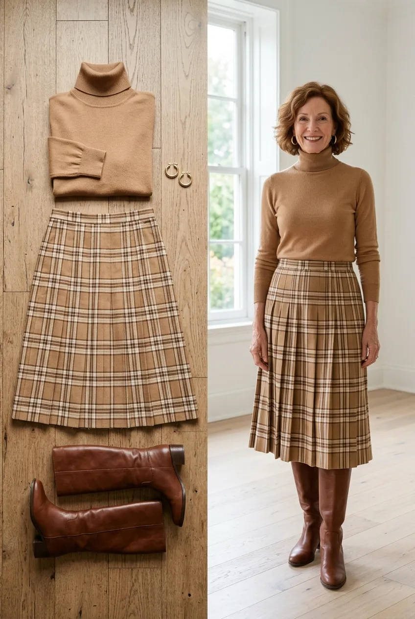 Camel turtleneck with a plaid midi skirt and brown boots, a camel outfit for women over 50