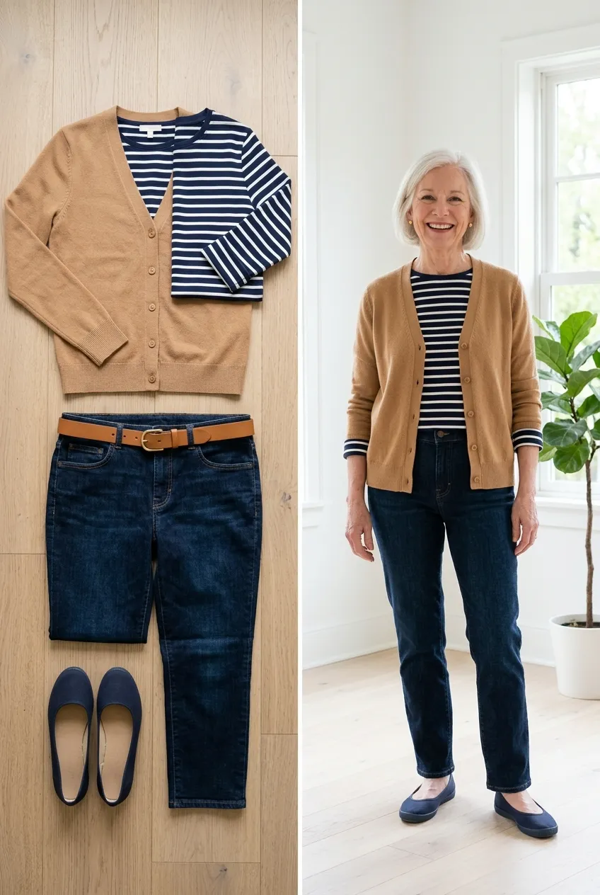Camel cardigan over a navy striped tee with jeans, a casual camel outfit for women over 50