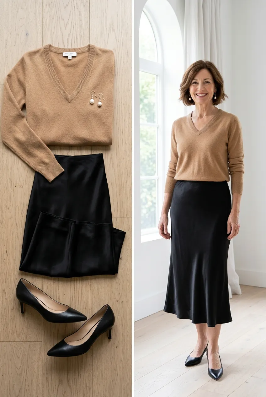 Camel V-neck sweater with a black satin midi skirt and pumps, a dressy camel outfit for women over 50
