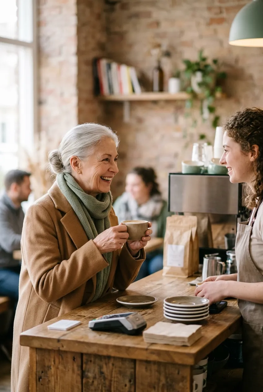 Older woman chatting with a barista at her regular neighborhood café