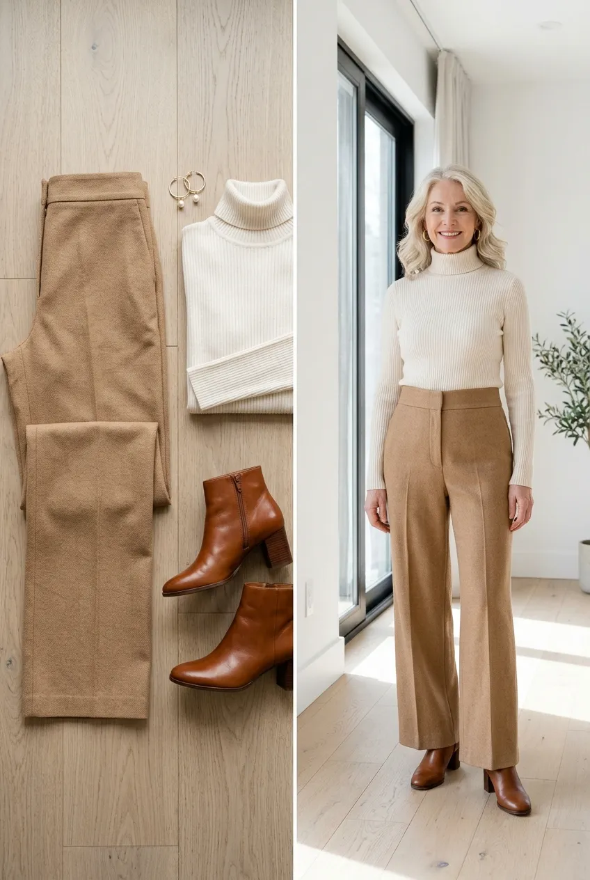 Camel wide-leg trousers with a cream turtleneck, a camel outfit for women over 50