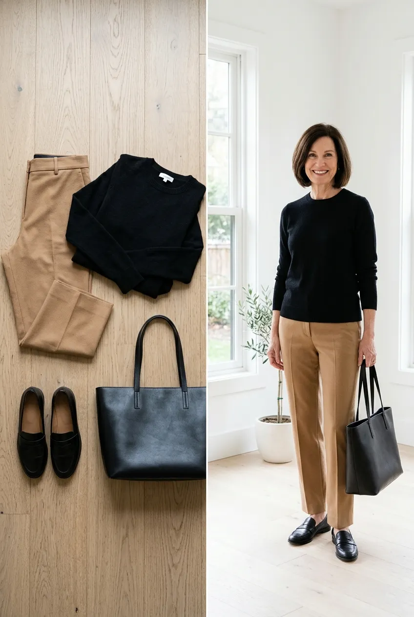 Camel trousers with a black crewneck sweater and loafers, a camel outfit for women over 50