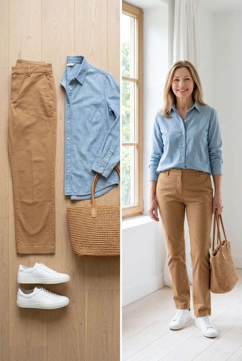 Camel trousers with a chambray shirt and white sneakers, a relaxed camel outfit for women over 50