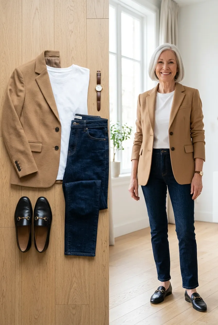 Camel blazer with a white tee and dark jeans, a camel outfit for women over 50