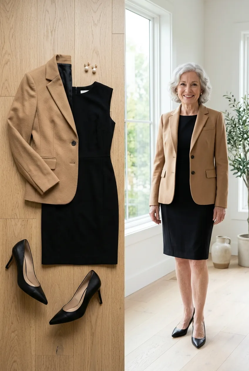 Camel blazer over a little black dress with pumps, a camel outfit for women over 50