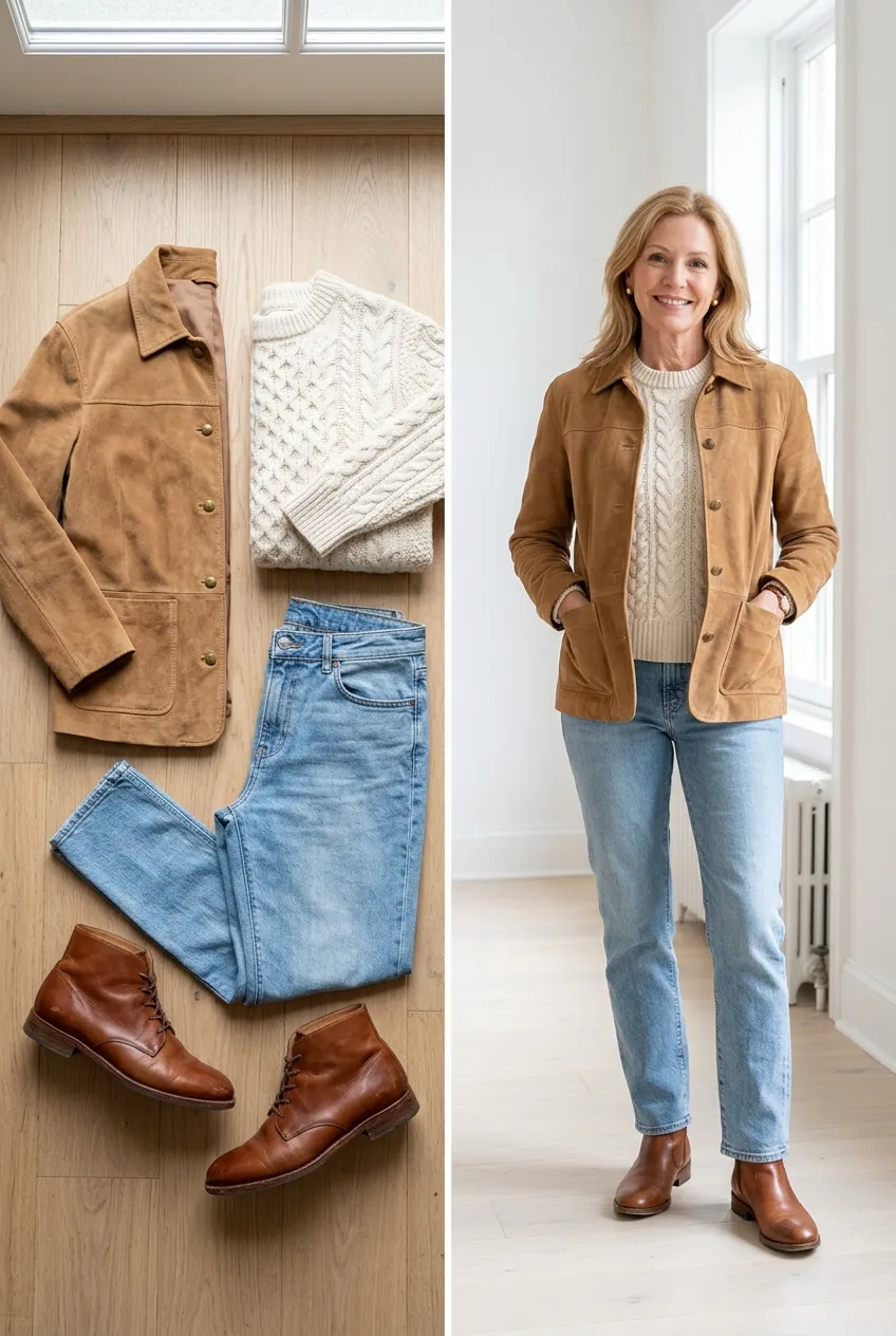 Camel suede jacket with a cream sweater and jeans, a fall camel outfit for women over 50