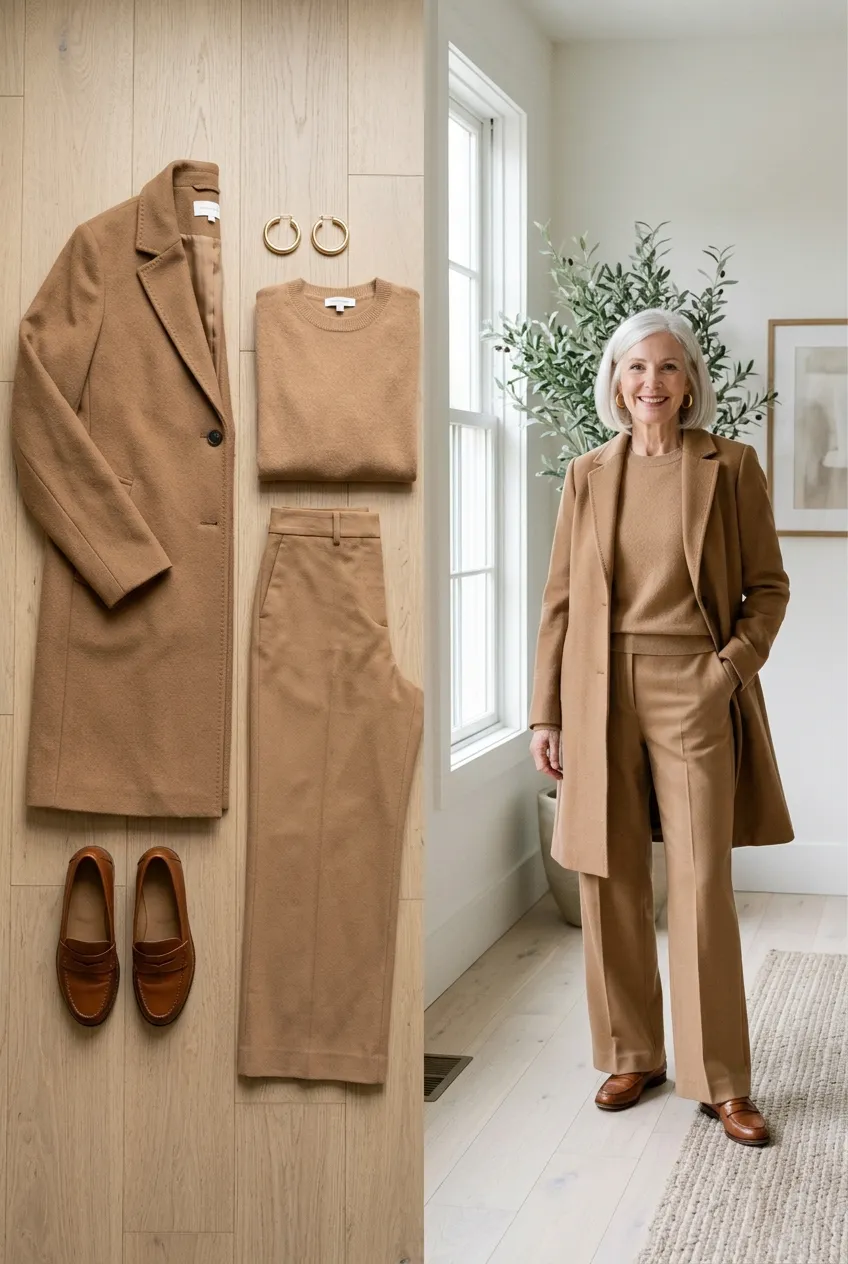 Head-to-toe camel outfit with a camel coat, sweater and trousers, a quiet luxury look for women over 50