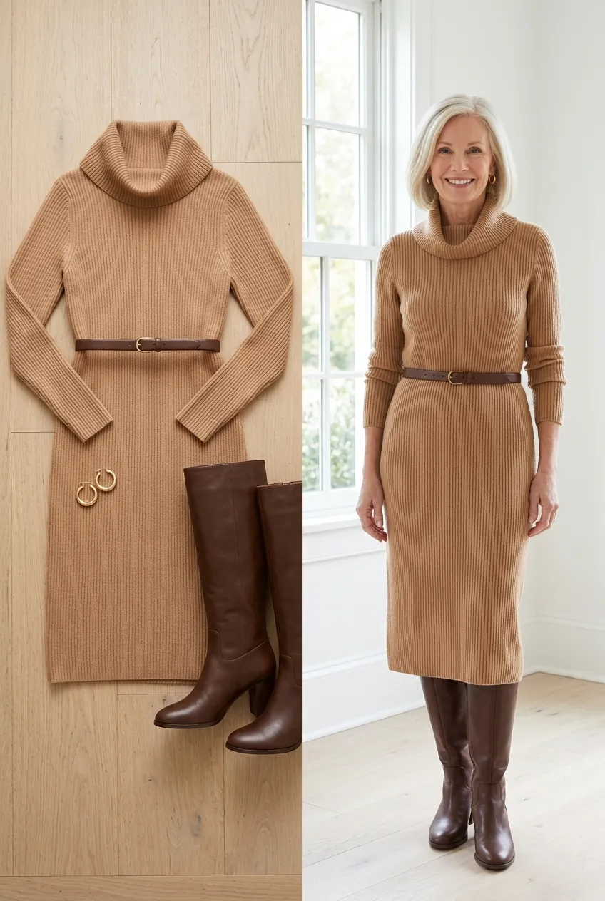 Camel sweater dress with brown knee boots and a belt, a camel outfit for women over 50