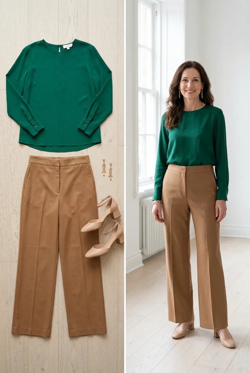 Emerald silk blouse with camel trousers, a dressy camel outfit for women over 50