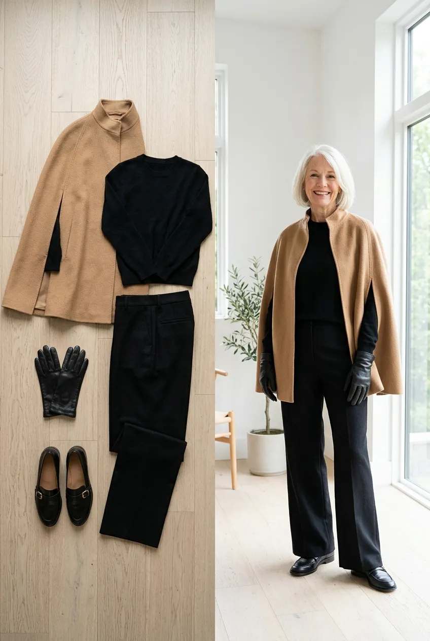 Camel wool cape over a black sweater and trousers, a chic camel outfit for women over 50