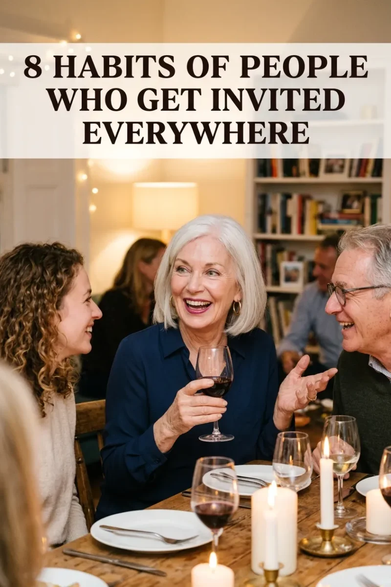 Stylish woman in her 70s laughing with friends at a dinner party, social habits of people who get invited everywhere