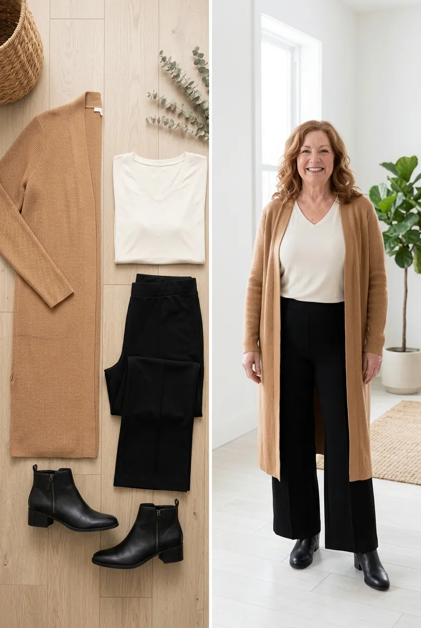 Plus-size woman over 50 in a long camel duster cardigan over a cream top and black ponte trousers