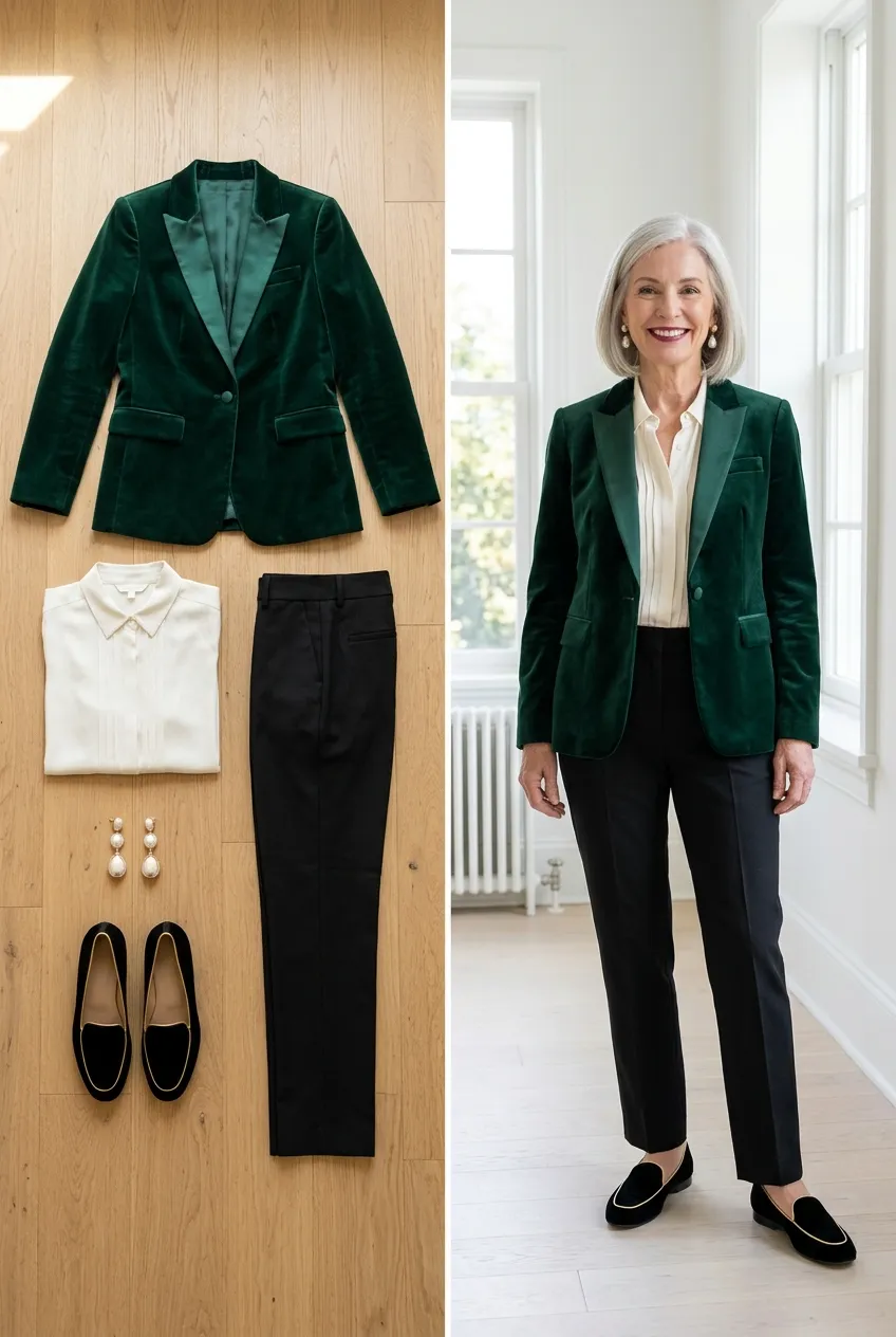 Emerald velvet blazer with an ivory silk blouse and black trousers, a Christmas party outfit for women over 50