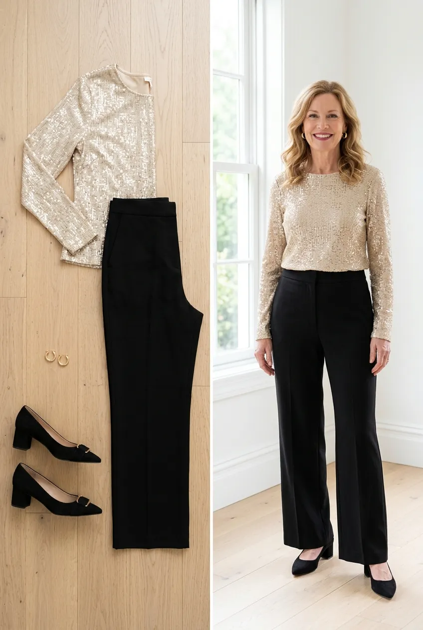 Gold sequin top with black wide-leg trousers, a sparkly Christmas party outfit for women over 50