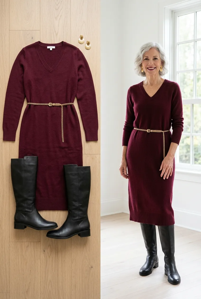 Burgundy sweater dress with a gold belt and knee boots, a cozy Christmas party outfit for women over 50