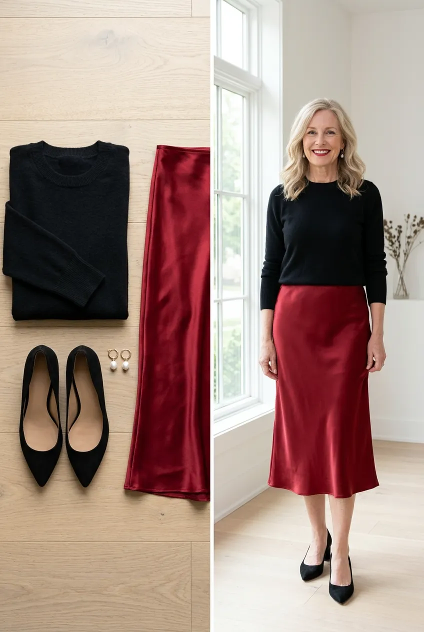 Black cashmere sweater with a deep red satin midi skirt, a chic Christmas party outfit for women over 50