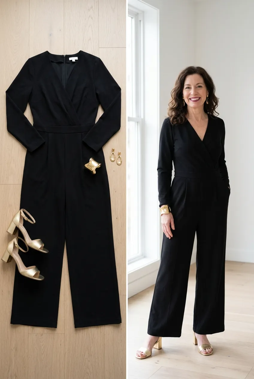 Black wide-leg jumpsuit with a wrap top and gold jewelry, an elegant Christmas party outfit for women over 50