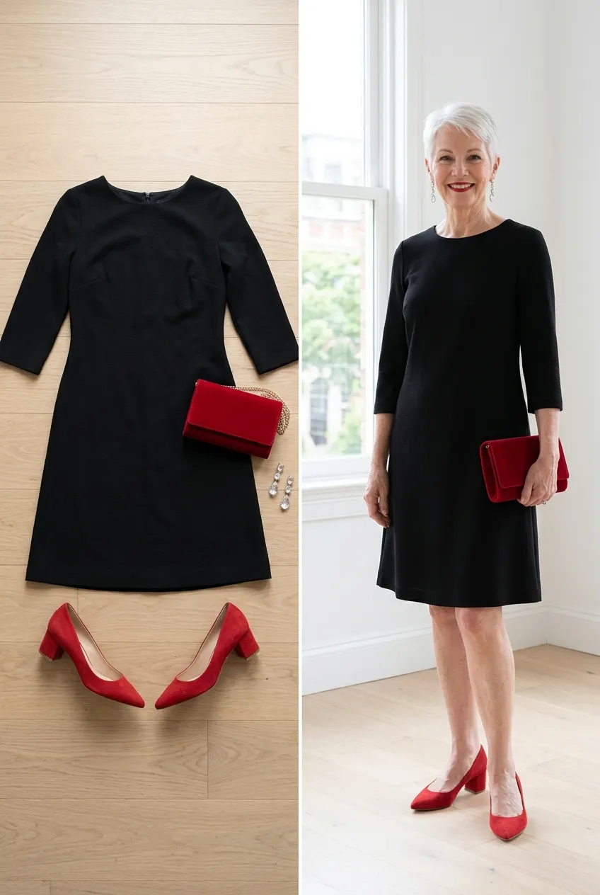 Little black dress with red pumps and a red clutch, an easy Christmas party outfit for women over 50