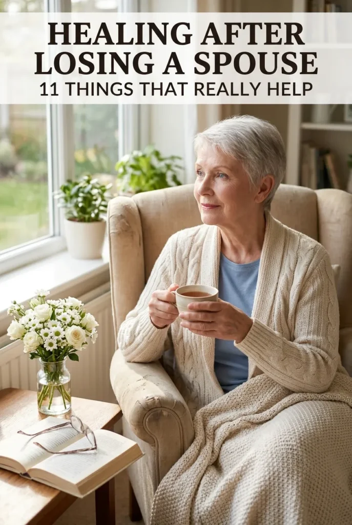 Older woman sitting peacefully by a sunny window with a cup of tea, healing after losing a spouse