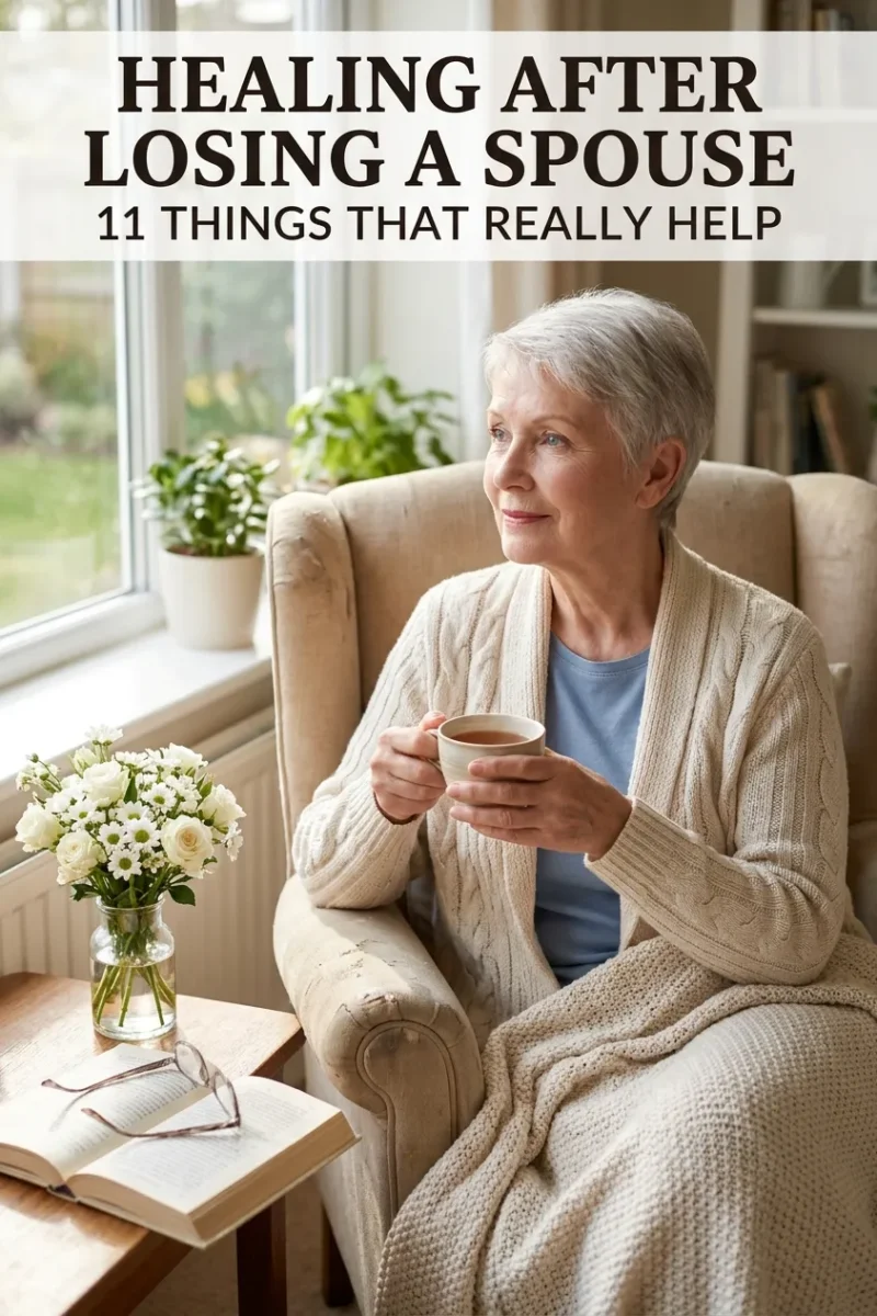 Older woman sitting peacefully by a sunny window with a cup of tea, healing after losing a spouse