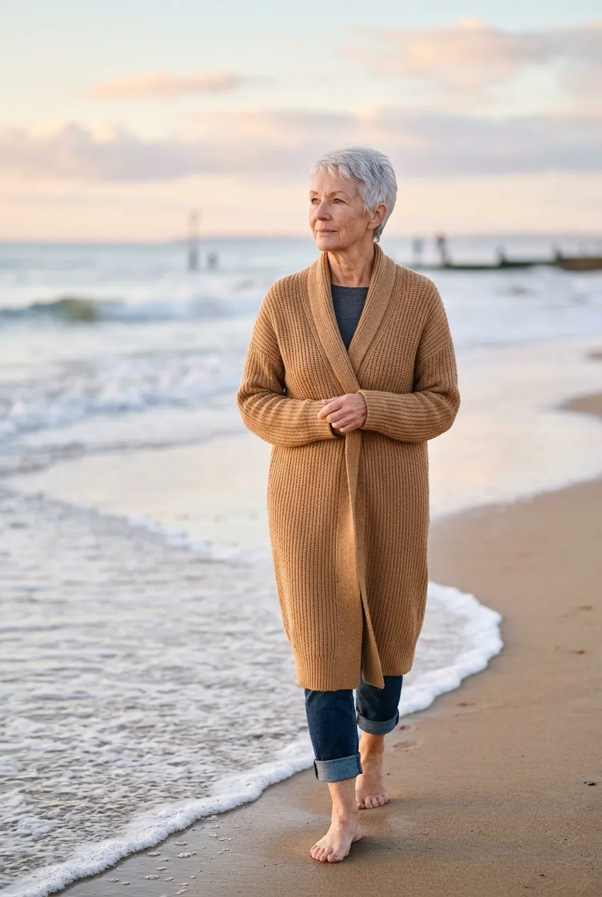 Older woman walking alone on a quiet beach at sunrise, letting grief come in waves