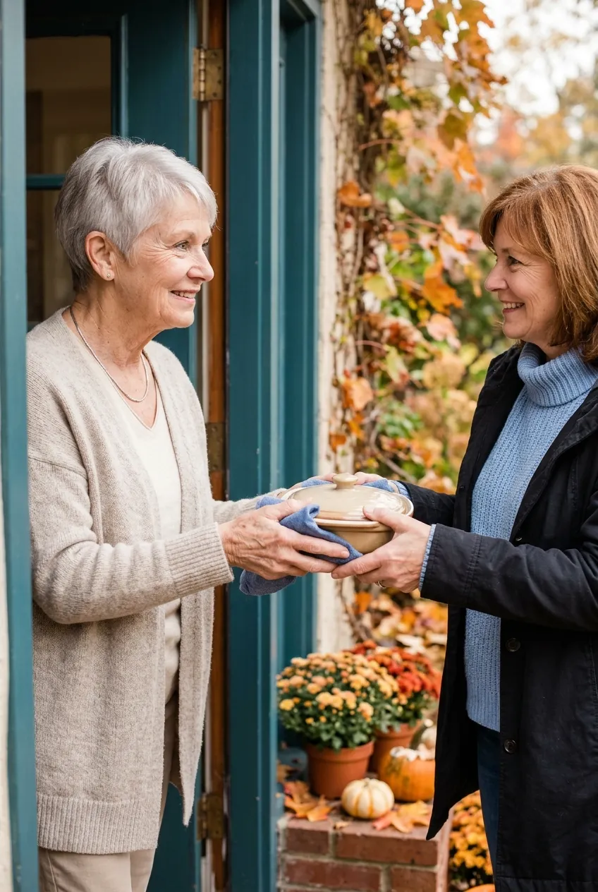 Friend bringing a homemade casserole to an older widow at her front door