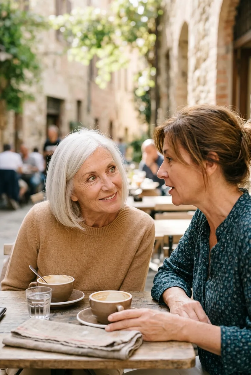 Woman in her 70s listening with interest to a friend over coffee