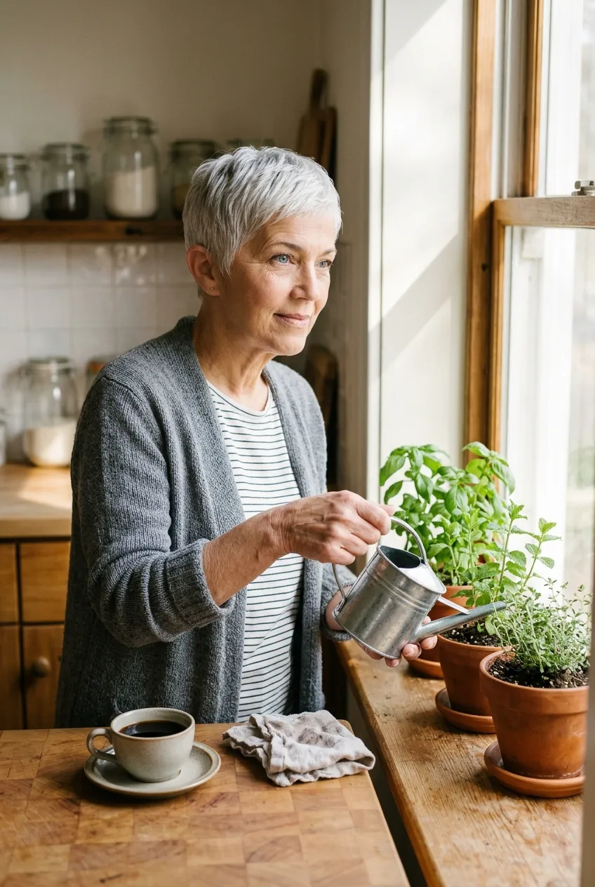 Older woman watering plants in her kitchen in the morning, keeping a simple routine after loss
