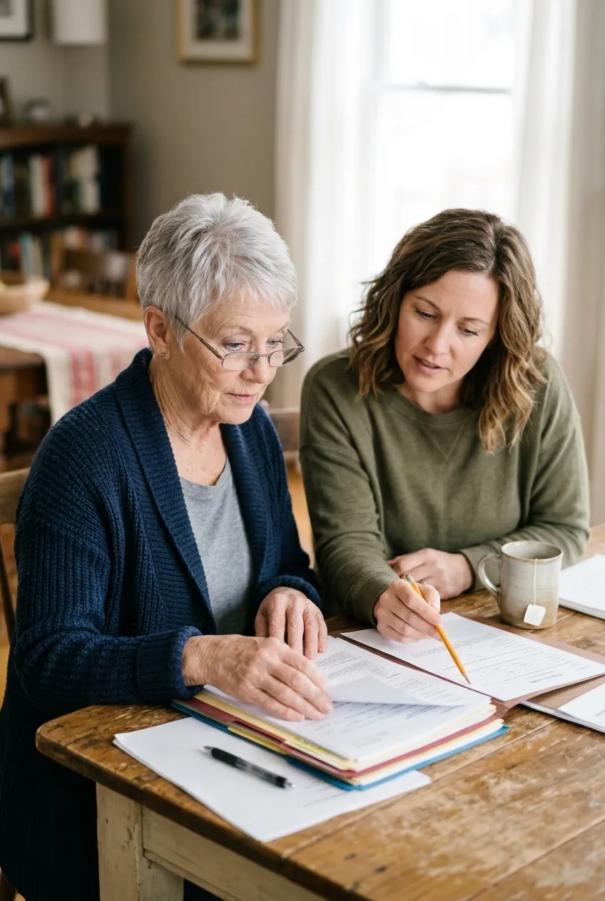 Older widow sorting paperwork at her dining table with her adult daughter's help