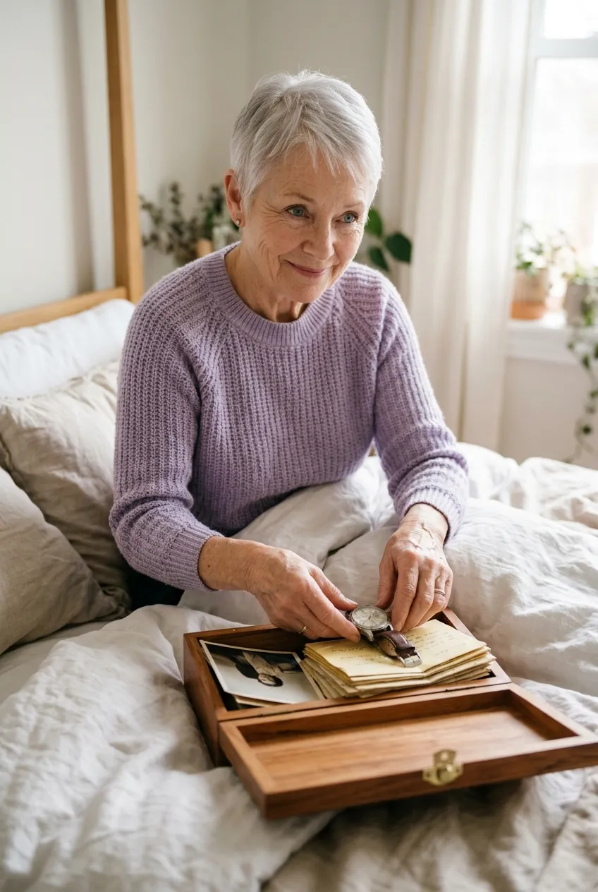 Older woman placing keepsakes in a memory box at home, keeping her late husband's memory close
