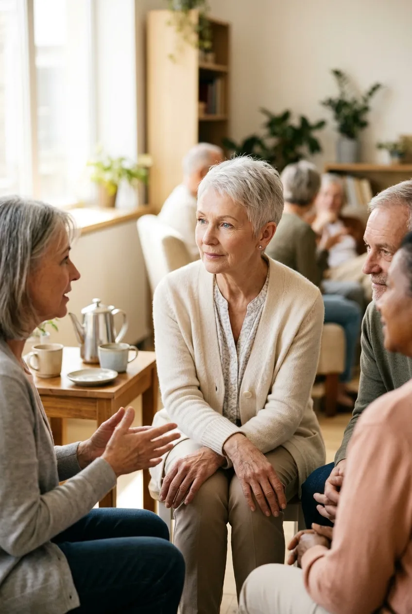 Small grief support group of older adults talking in a sunny community room