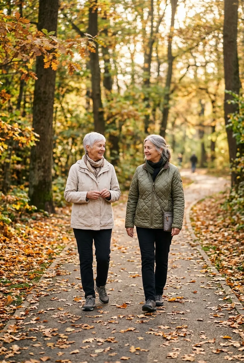 Older woman walking with a friend in a park, taking care of her health after losing her spouse